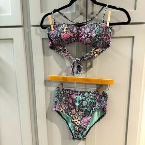 Bikini Lab High Rise Bikini with‎ Bandeau Top w/Smocking Pastel Paisley Print Sm
